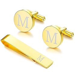 LOYALLOOK Gold Initial Cufflinks and Tie Clip Set