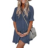 PYGFEMR Women's Short Sleeve Babydoll Dress Button Down Dresses with Pockets