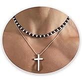 LGEPAH 2PS Cross Necklace for Men - Black Obsidian Necklace - 6mm Healing Crystals Beaded Choker Necklace Stainless Steel Cross Pendant Jewelry Gifts for Men