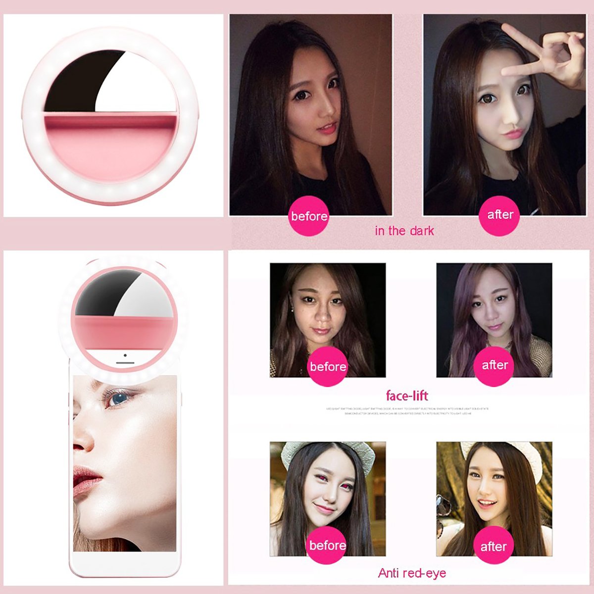 YIIYAA Selfie Light Ring, Portable Rechargeable Mini 40 Highlight LED Selfie Ring Flash Fill Light with Makeup Mirror 2 Gears Brightness Camera Photography for iPhone Adroid Tablet iPad Laptop Pink