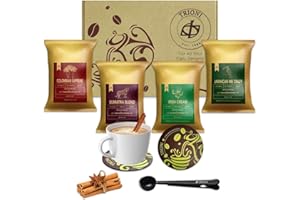 Gourmet Coffee Sampler Gift Set (4x2.5oz) TRIONI Medium Roast Ground Coffee Variety Pack, Individual Coffee Packets - 4 Unique Flavored Coffee - Including a Cinnamon Sticks, Coaster, Bag Clip & Spoon