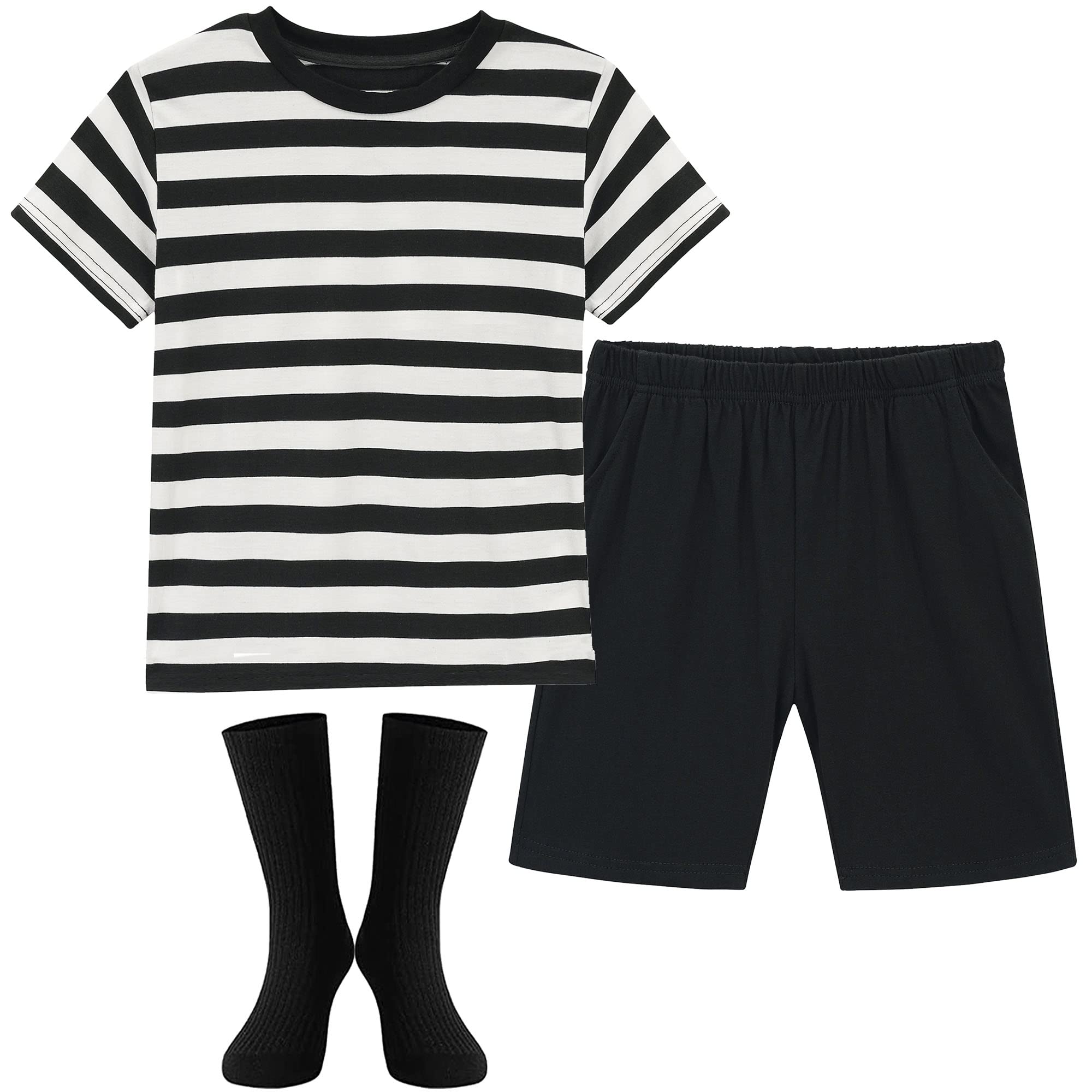 Photo 1 of HMPRT Halloween Costumes for Boys- Black and White Striped Shirt, Black Short and Tube Socks,8