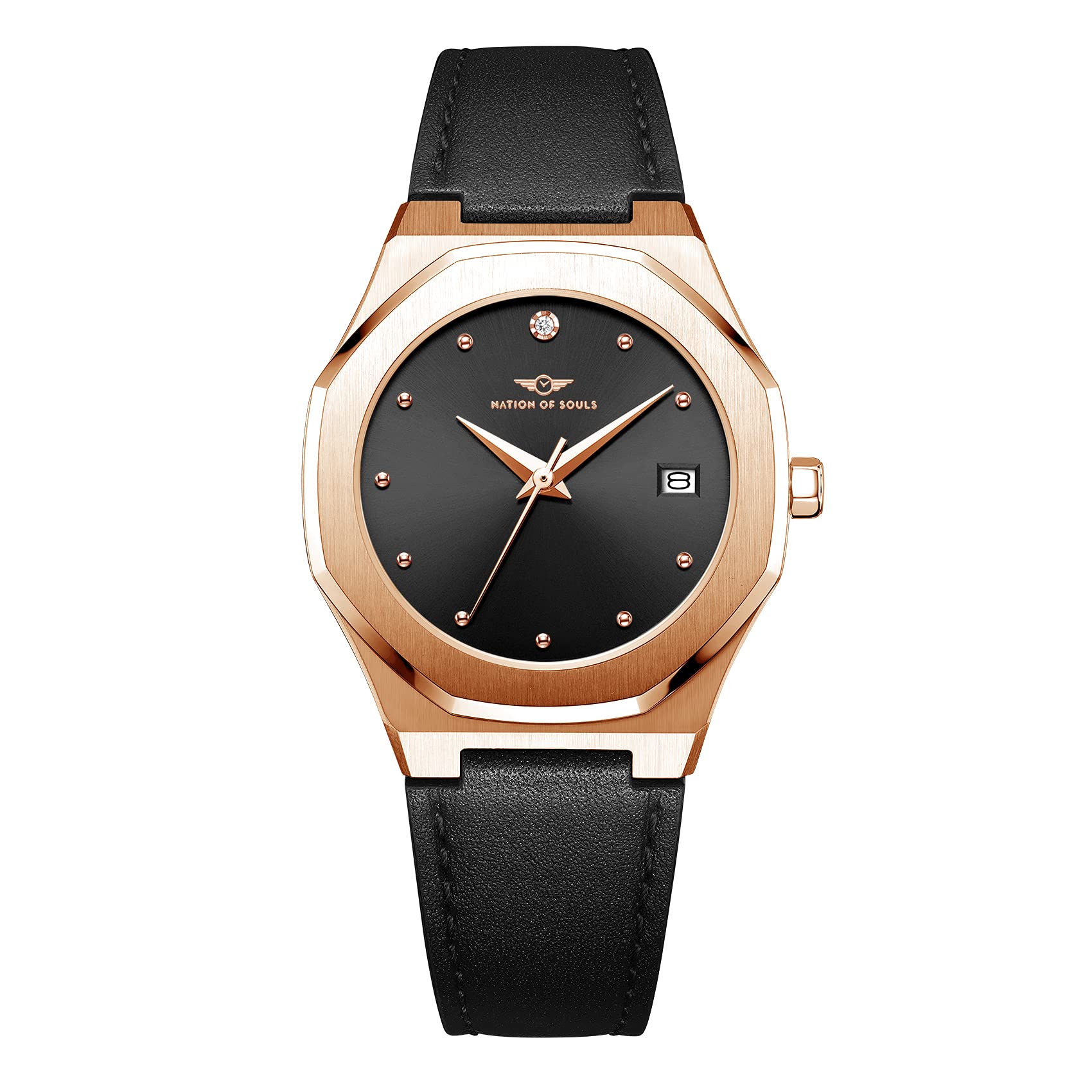 Nation of Souls Stellar Collection Womens Rose Gold and Black 34mm Stainless Steel Case Leather Strap British Designed Ladies Watches