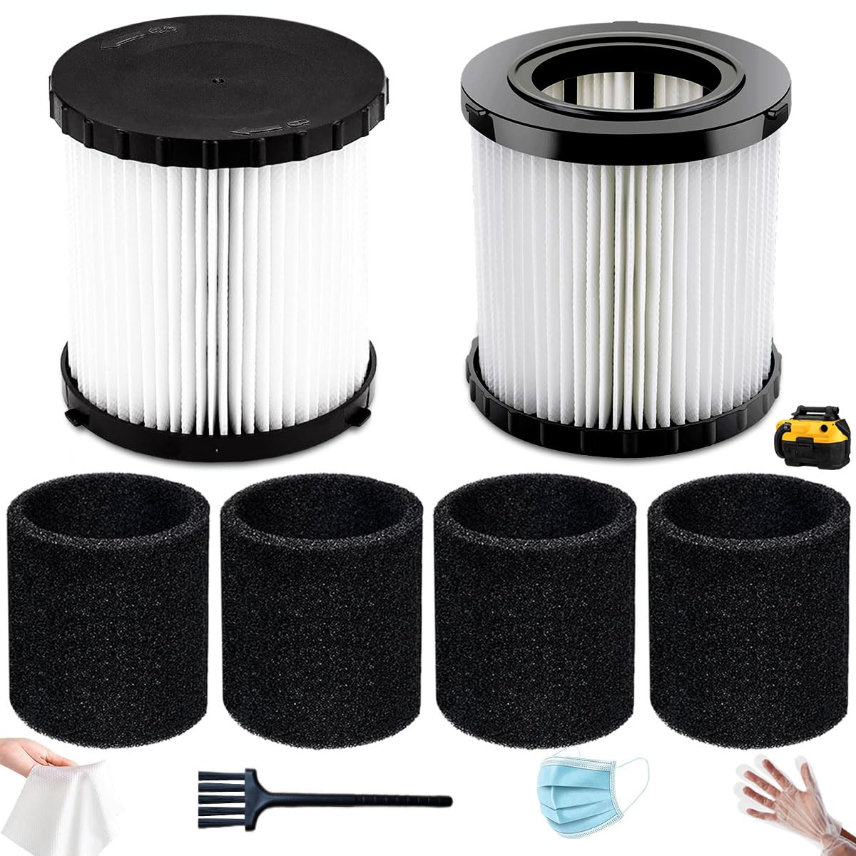 Photo 1 of 2 Pack DCV5801H HEPA Filter Compatible with DEWALT DCV580H, DCV581H 20V MAX Wet/Dry Vacuum, with 4 Foam Sleeve Filters & 1 Brush