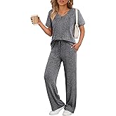 JiniGolla Women's Ribbed Knit Pajama Set 2 Piece Matching Pj Set Short Sleeve Top and Pants Lounge Set with Pockets