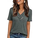 AUTOMET Womens Short Sleeve Tunic Top Spring Summer V Neck Button Shirts 2026 Dressy Casual Business Blouses