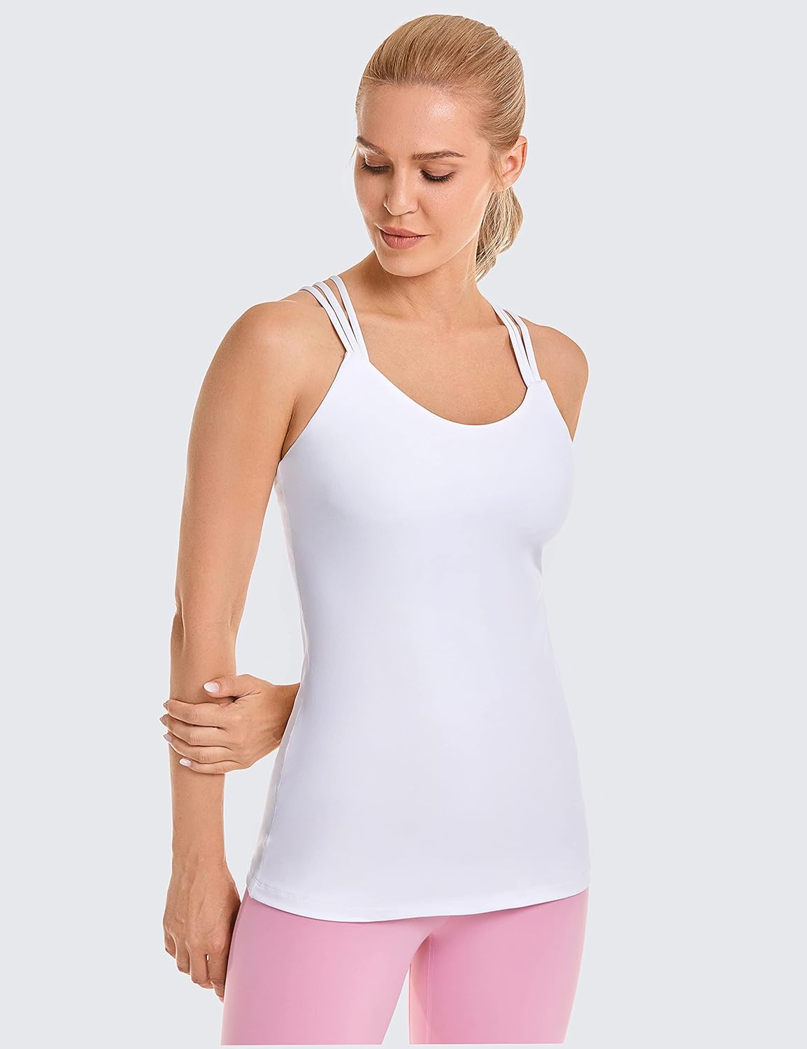 CRZ YOGA Women's Strappy Back Yoga Tank Tops Built in Shelf Bra Sports Camisole Long Workout Shirts Activewear at  Women’s Clothing store