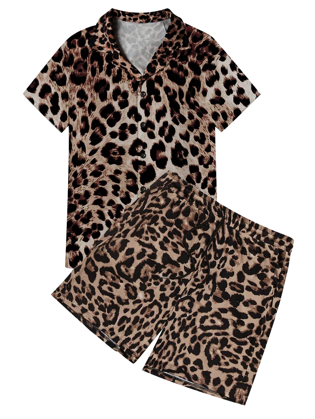 Photo 1 of WDIRARA Men's 2 Piece Leopard Print Outfit Button Up Collared Short Sleeve Shirt and Drawstring Waist Shorts Brown X-Large