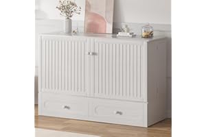 Mjkone Queen Size Cabinet Murphy Bed with Mattress Included, Drawers & USB Charging Station, Modern Wood Chest Cabinet Wall B