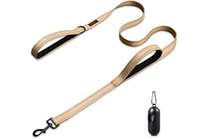 CHENEDY Heavy Duty Double Handle Leash - Reflective Training Lead for Large Breed Dogs (6FT Khaki)