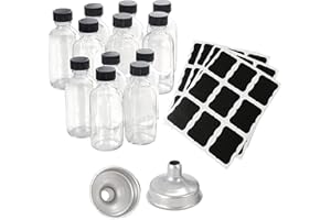 Z-SYNKA 10PCS 2 oz Small Clear Glass Bottles(60ml)With 2 Stainless Steel Funnels&32 Chalkboard Labels,Boston Round Shot Bottles with Caps,Perfect for Party Favors,Essential Oils,Juice,Whiskey,NO Leakage