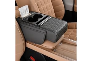 Multifunctional PU Leather Car Armrest Box Mat, 5-in-1 Center Console Organizer with Cup Holders, Phone Slot, Tissue Box & St