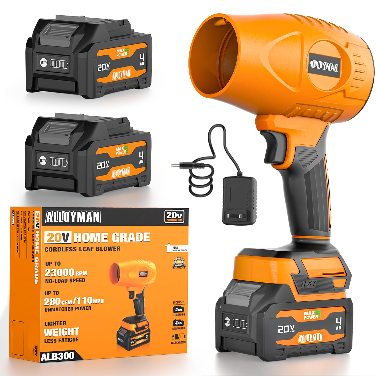 ALLOYMAN Cordless Leaf Blower with 2 X 4.0Ah Batteries & Charger, 23000 RPM Turbo Jet Electric Handheld Blower, Lightweight Portable Cordless Leaf Blower for Lawn, Yard, Garage, Patio Image ALLOYMAN Cordless Leaf Blower with 2 X 4.0Ah Batteries & Charger, 23000 RPM Turbo Jet Electric Handheld Blower, Lightweight Portable Cordless Leaf Blower for Lawn, Yard, Garage, Patio Image
