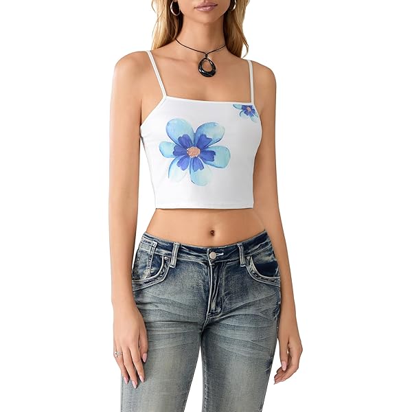 Women's Floral Spaghetti Strap Tank - Y2K Hibiscus Print Cami Top