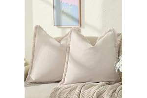 ZWJD Pillow Covers 24x24 Set of 2 Beige Throw Pillow Covers with Fringe Chic Cotton Decorative Pillows Square Cushion Covers for Sofa Couch Bed Living Room Farmhouse Boho Decor
