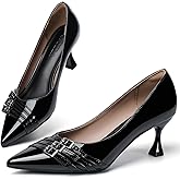 QFDZLA Black Kitten Heels for Women Leather Comfortable Closed Toe Pointed Toe Heels Wedding Party Dress Pumps Shoes Size 10