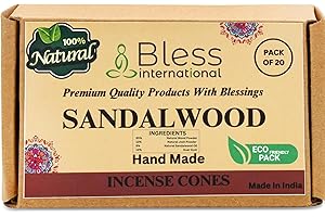 Bless International Sandalwood 100%-Natural-Incense-Cones Handmade-Hand-Dipped Organic-Chemicals-Free for-Purification-Relaxa