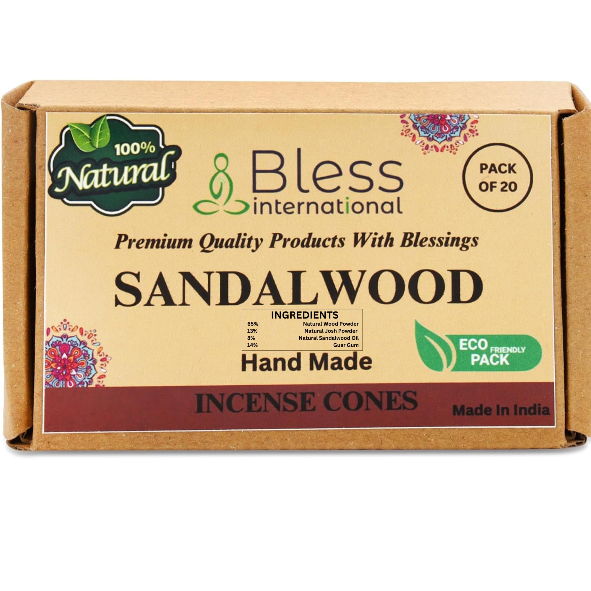 Bless International Sandalwood 100%-Natural-Incense-Cones Handmade-Hand-Dipped Organic-Chemicals-Free for-Purification-Relaxation-Positivity-Yoga-Meditation The-Best-scents (20 Count)
