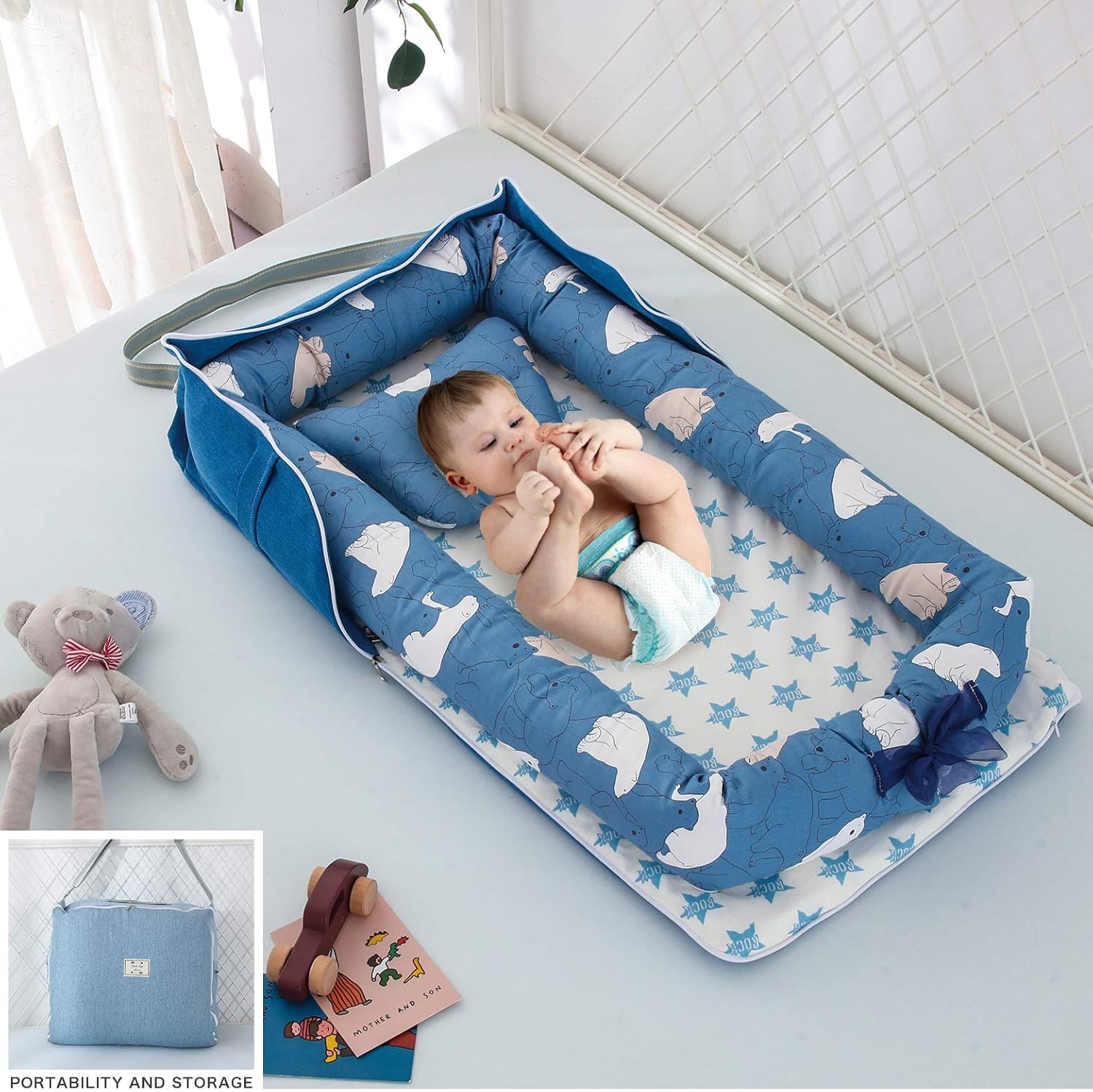 Best GP Lounger Nest for Napping for Baby, Lounging, Sleeping, Cuddling – Portable Hypoallergenic Cotton Bed for Newborns and Infants – Features Adjustable Strap Design, Ideal for Travel (Blue): Baby