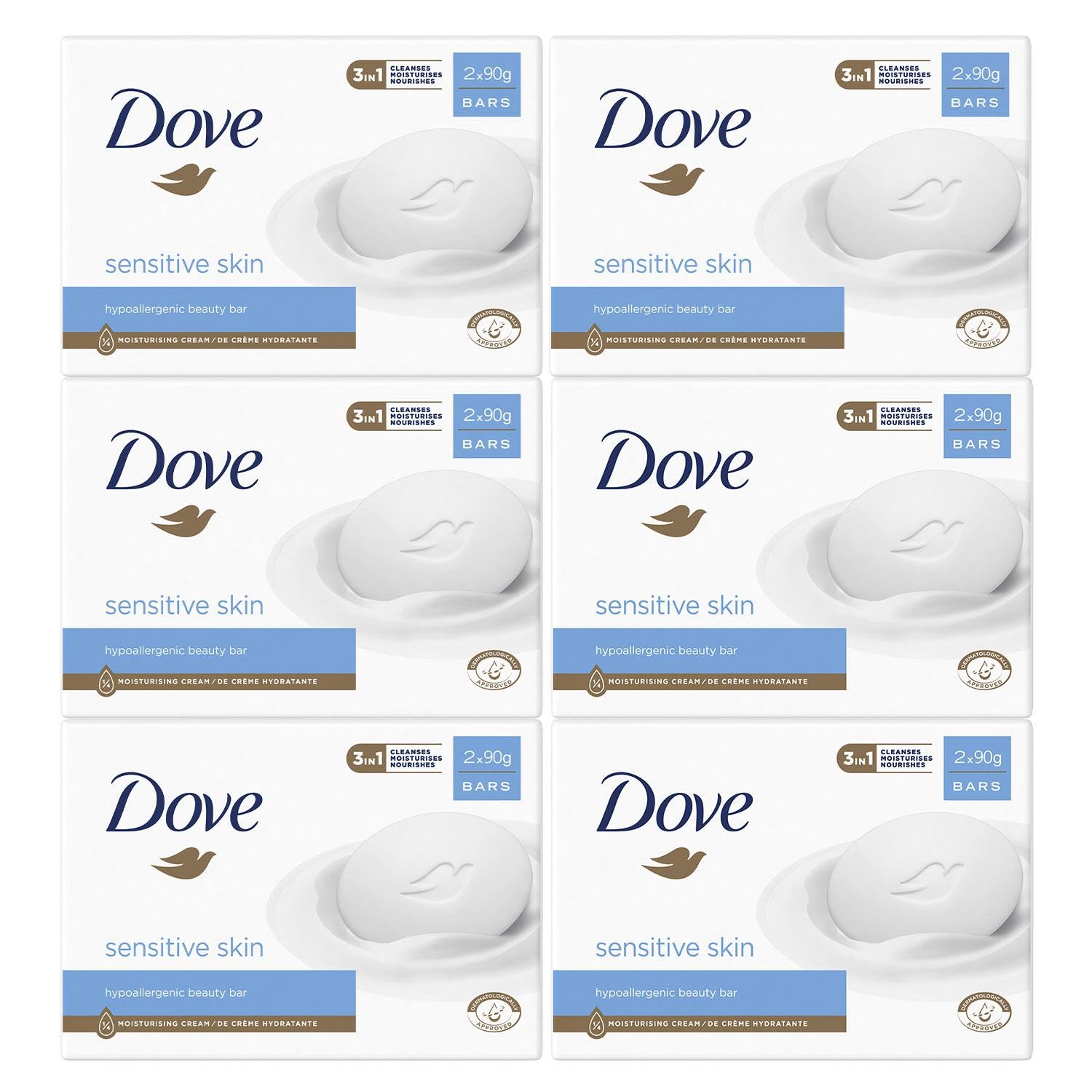 Dove Hypoallergenic Beauty Cream Bar 3 in-1 Cleanses, Moisturises and Nourishes Sulphate-Free Bath Soap for Soft and Smooth Skin, Specially Made for Sensitive Skin 2x90g, 6 Pack