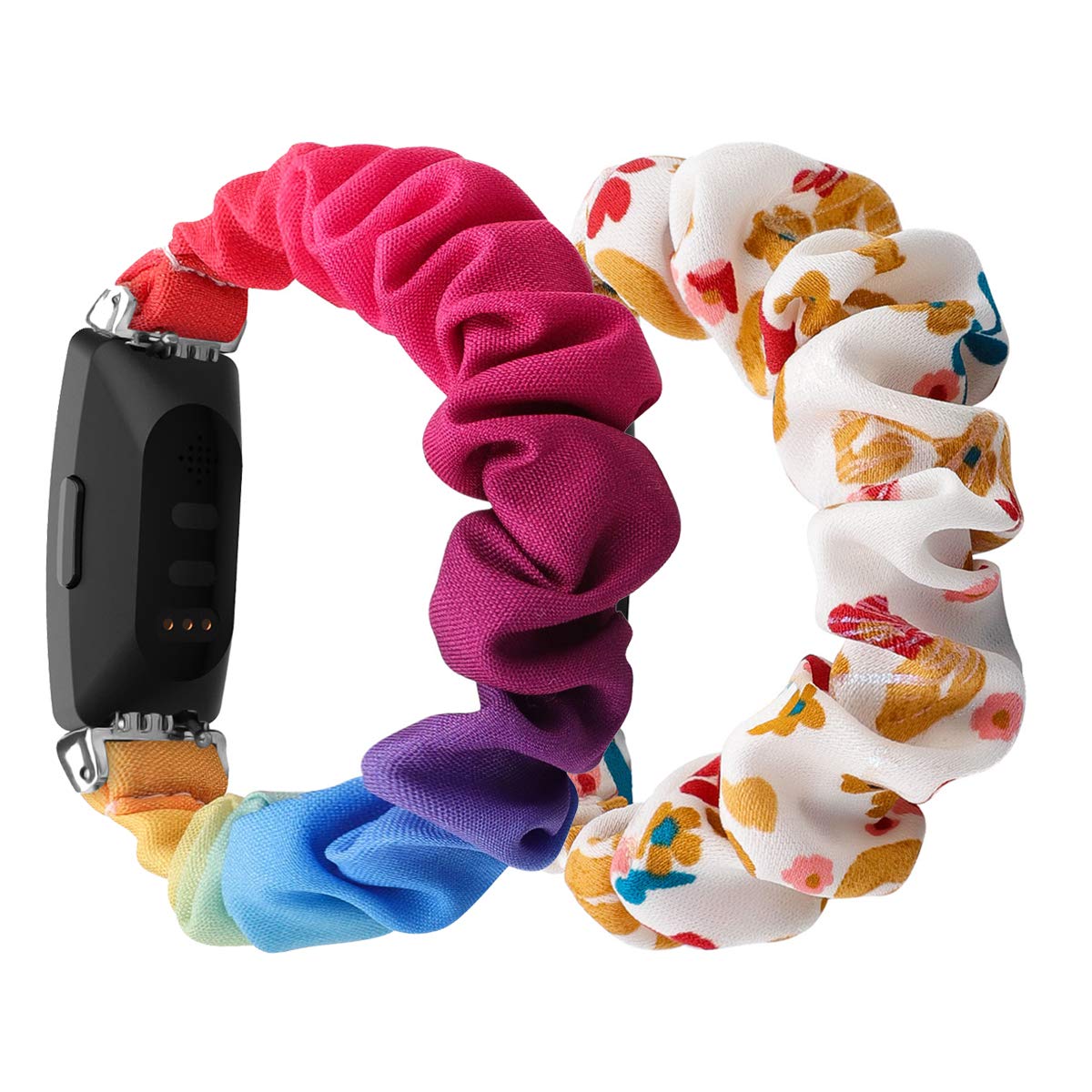 Chofit (2-Pack Strap Compatible with Fitbit Inspire 2/Inspire HR/Inspire Straps, Replacement Scrunchies Arm Band Chiffon Satin Wristband for Inspire 2 Fitness Tracker (Rainbow+White-Gold, S)