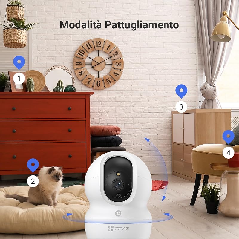 Telecamera Wi-Fi Interno 2K, Videocamera Sorveglianza 3MP per animali e bambini, Motorizzata a 360°, Audio a due vie, Funziona Alexa, Avvisi movimento, Visione notturna, Modello CP1