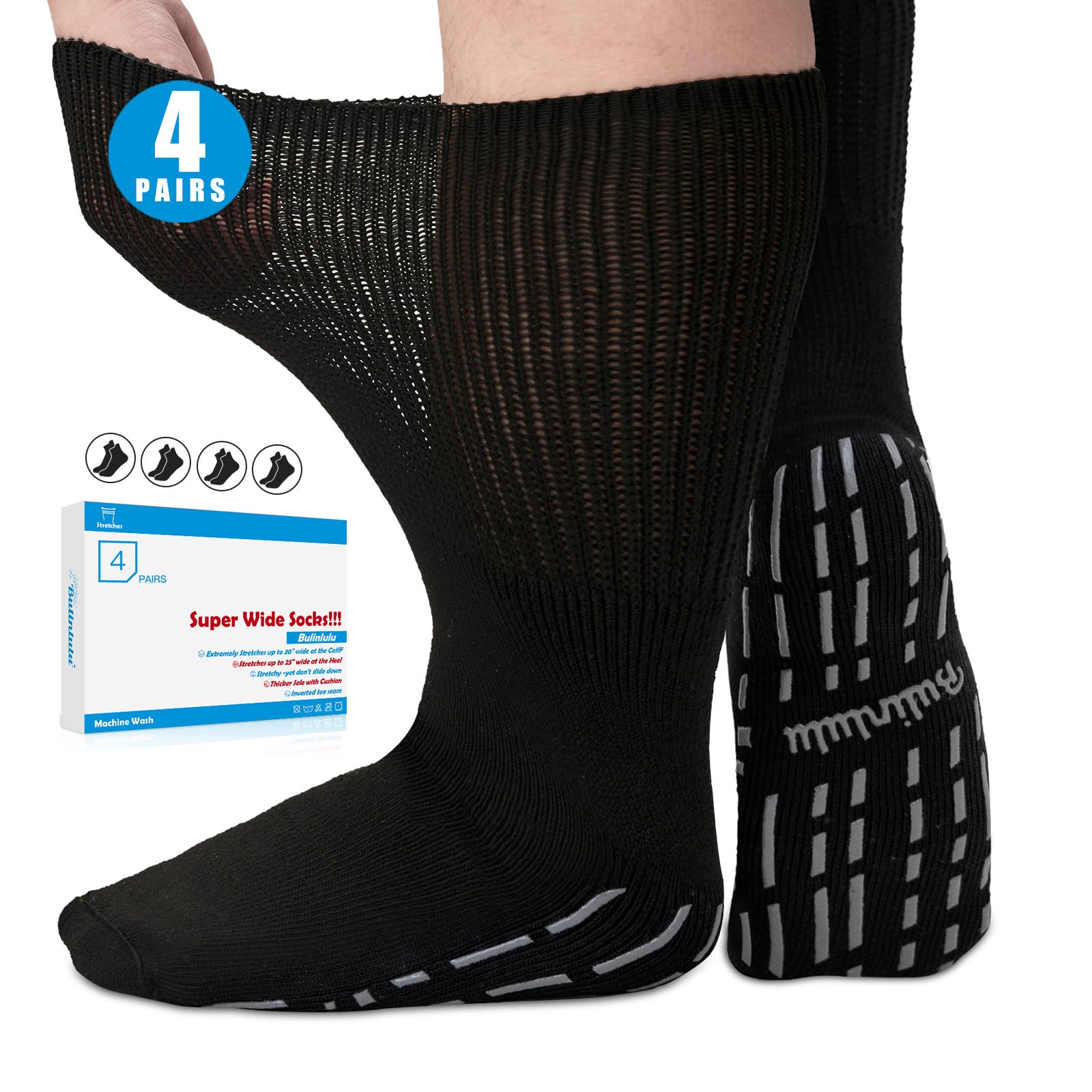 Photo 1 of Bulinlulu Extra Width Diabetic Socks Women Men-4 Pairs Super Wide Edema Sock for Swollen Feet,Non Slip Cast Bariatric Hospital,Extra Width neuropathy Lymphedema Socks with Grips- 4 Black