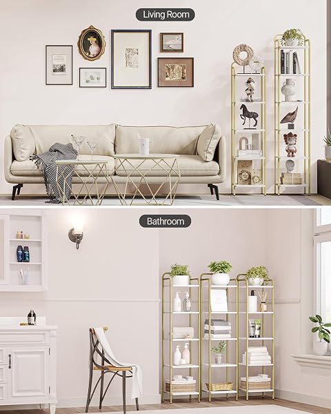 HZUANERI BOOKCASE BOOKSHELF, NARROW BOOK SHELF, INDUSTRIAL CORNER SHELF STORAGE ORGANIZER, SLIM SHELVING UNIT FOR HOME OFFICE, LIVING ROOM, BEDROOM, KITCHEN, 5-TIER WHITE GOLD BC24513G