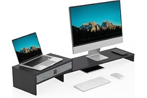 FENGE Dual Monitor Stand with Drawer Computer Monitor Stand Riser Adjustable Length and Angle, Wood Monitor Stands for 2 Moni