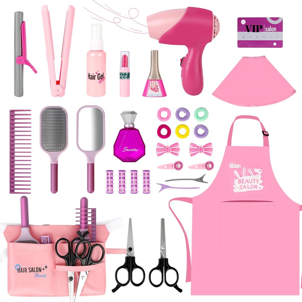 deAO Girls Beauty Salon Set 32PCS Kids Toy Kit Hair Stylist Play Pretend