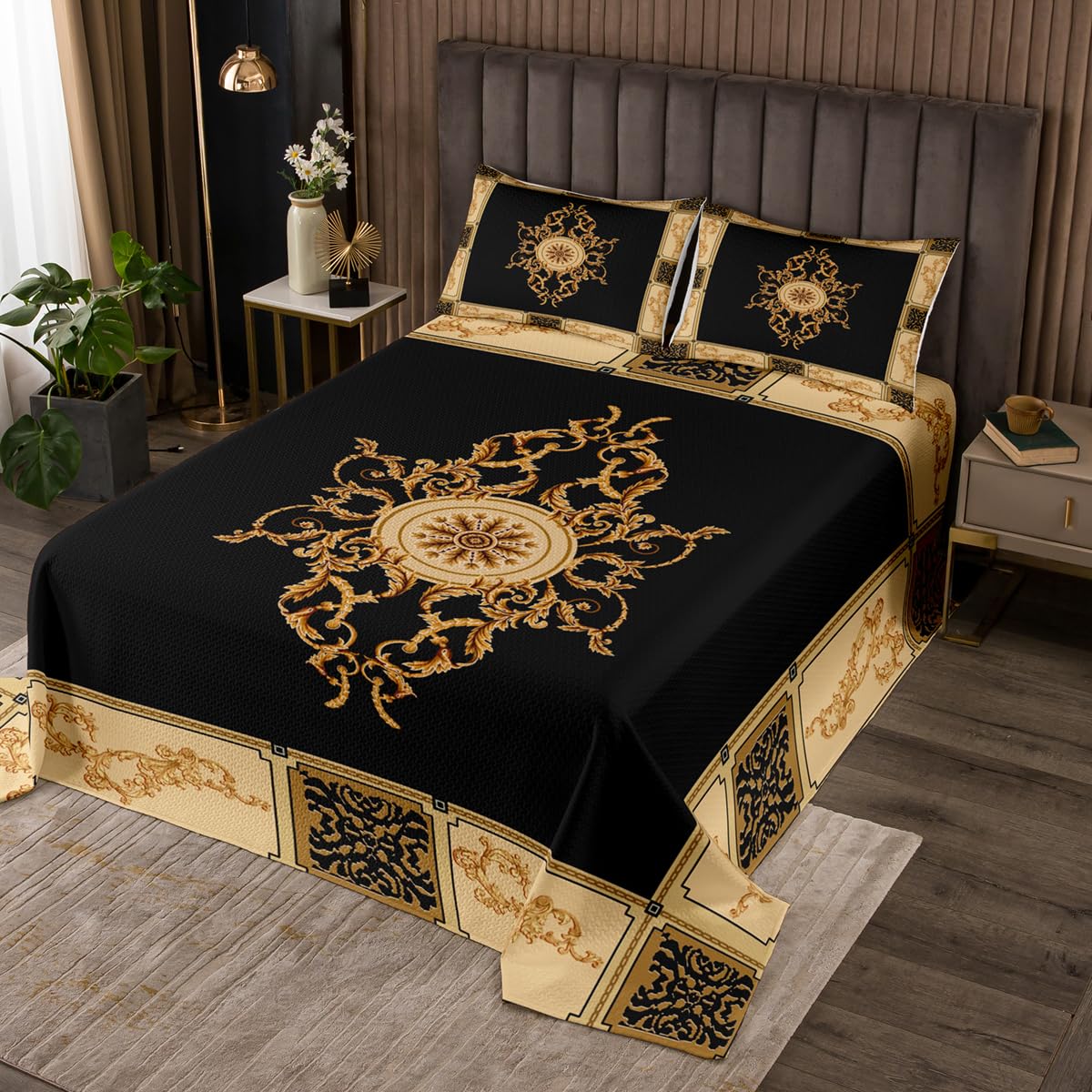 Homemissing Vinatge Floral Coverlet Set Boys Girls Traditional Bedspread For Kids Retro Flowers Quilted Coverlet Gold Black Quilted Room Decor Double