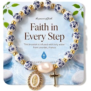 Dulovkpt Holy Water Bracelet for Women,Religious Christian FaithJewelry | Virgin Mary Cross,Ceramic Pearl Rosary Bracelets wi