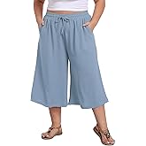 LIGHTBACK Women's Plus Size Wide Leg Capri Pants Loose Lounge Cropped Culottes Summer Casual Palazzo Pants with Pockets