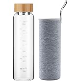 sunkey Glass Water Bottle 32 oz Wide Mouth with Sleeve Bamboo Lid Motivational Water Bottle With Time Marker Reusable Safe for Hot Cold Drinks Bpa Free (Gray)