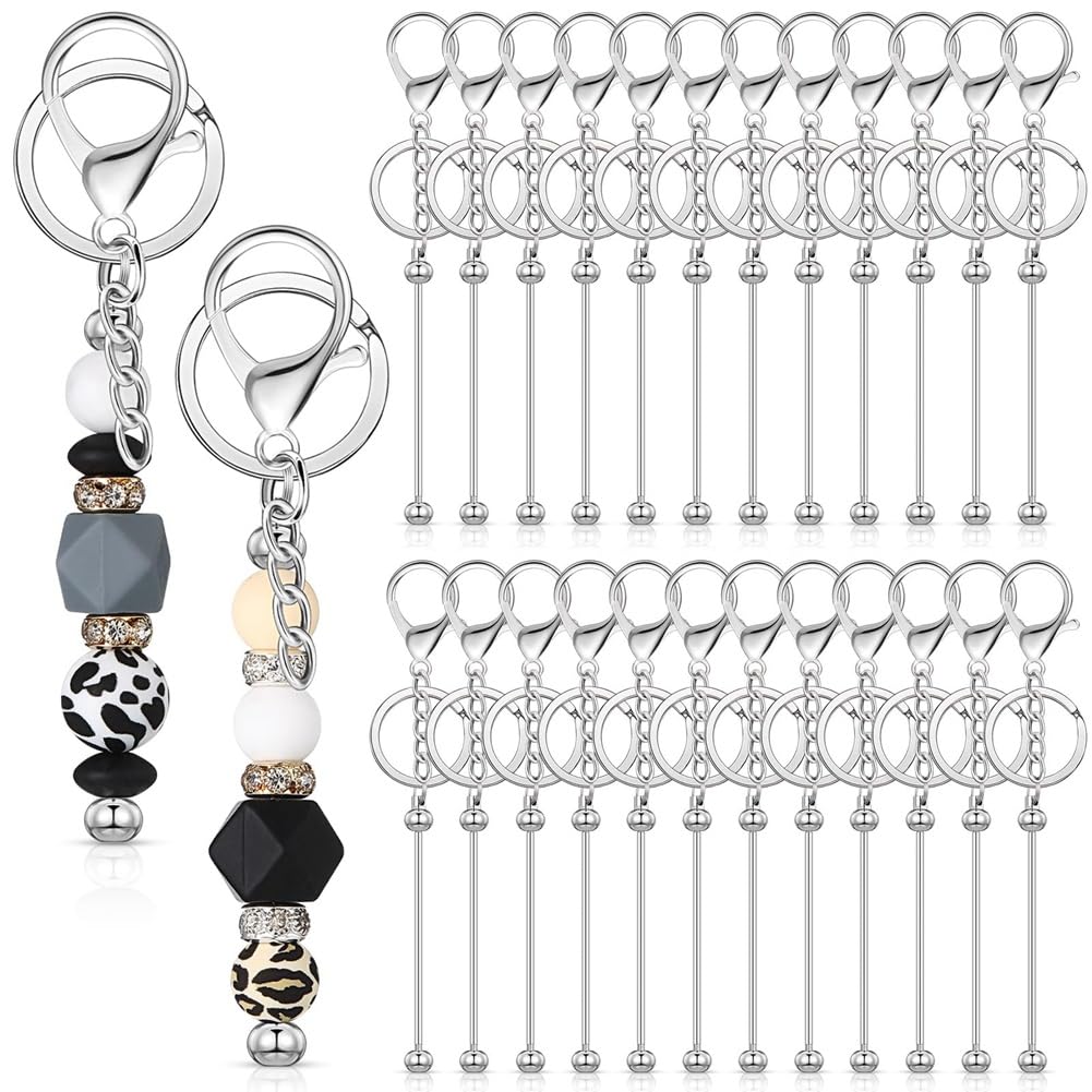 Comphic 24 Piece Beadable Metal Keychain Bars Bulk Zinc Alloy DIY Blank Keychain for Bead Crafts Silver