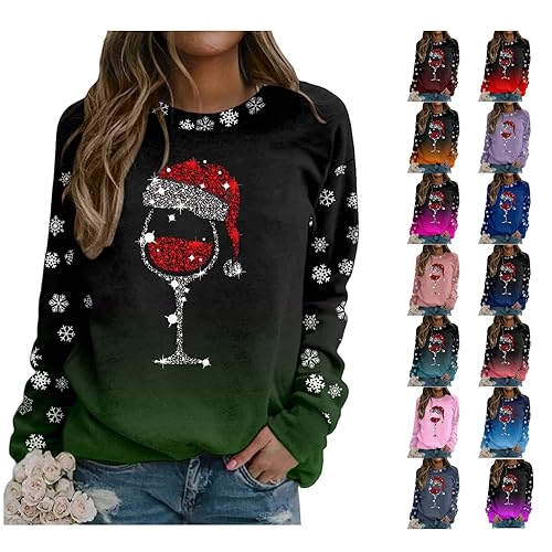Womens Christmas Jumper Merry Christmas Print Pullover Sweatshirt Tops Round Neck Fit Casual Long Sleeve Loose Blouse Red Wine Glass Pattern Little Terry M