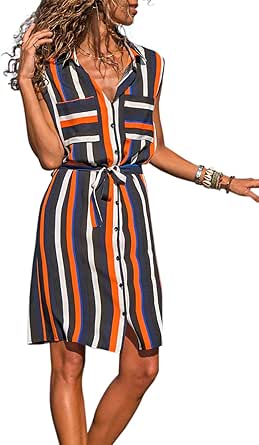 Sidefeel Women Striped Button Down Pocket Shirt Mini Dress with Belt Small Navy Blue