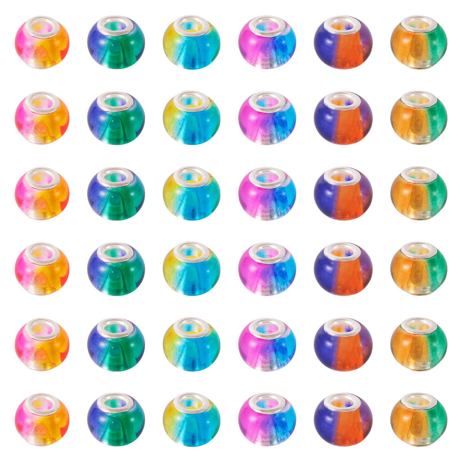 PandaHall 100pcs Murano Glass Beads 15x12mm Rondelle Large Hole European Glass Beads with Silver Color Core for Jewelry Making