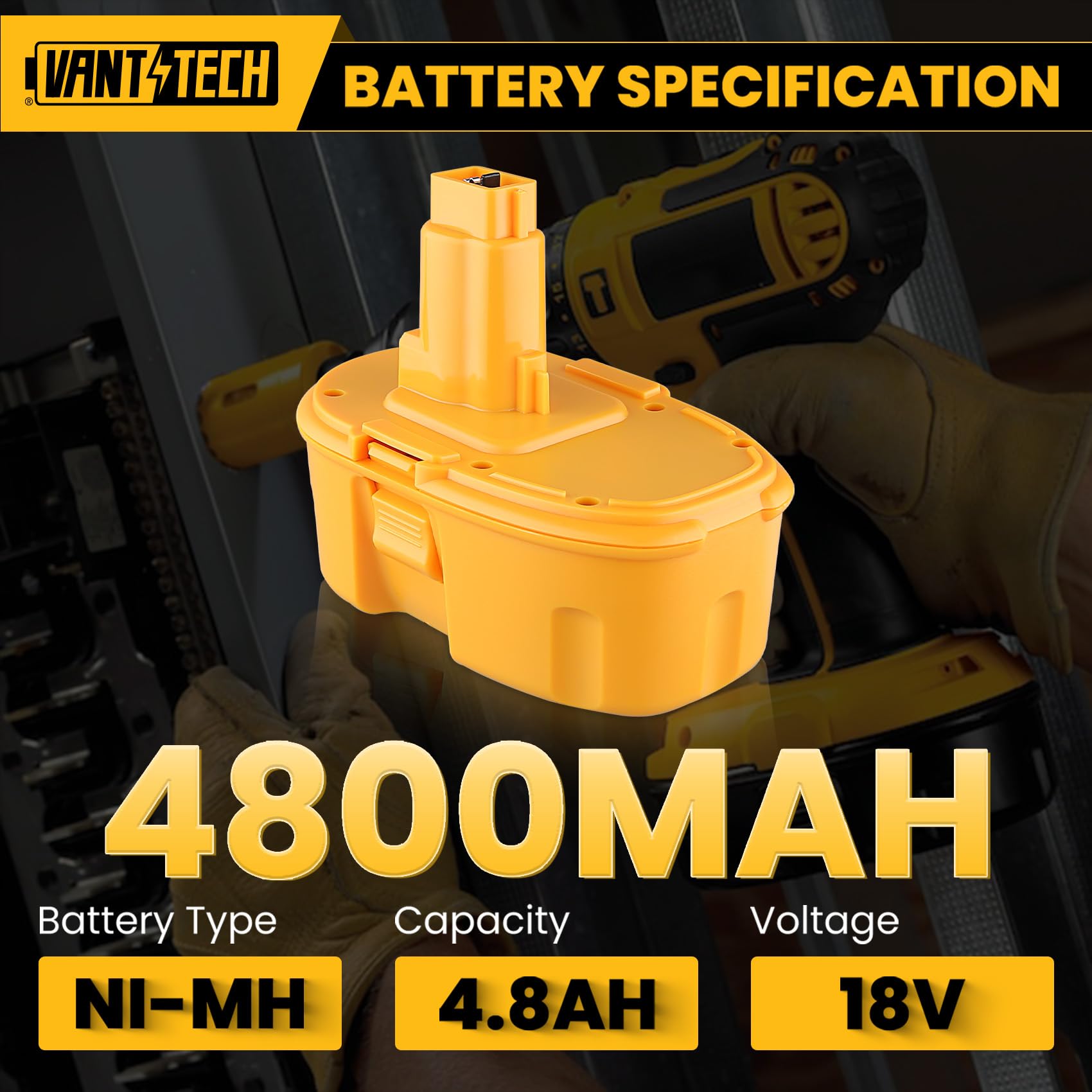 Condition photo showing New/Like New for vanttech 2-pack 4.8ah dc9096 18v ni-mh battery replacement for dewalt 18v battery and dc9310 charger