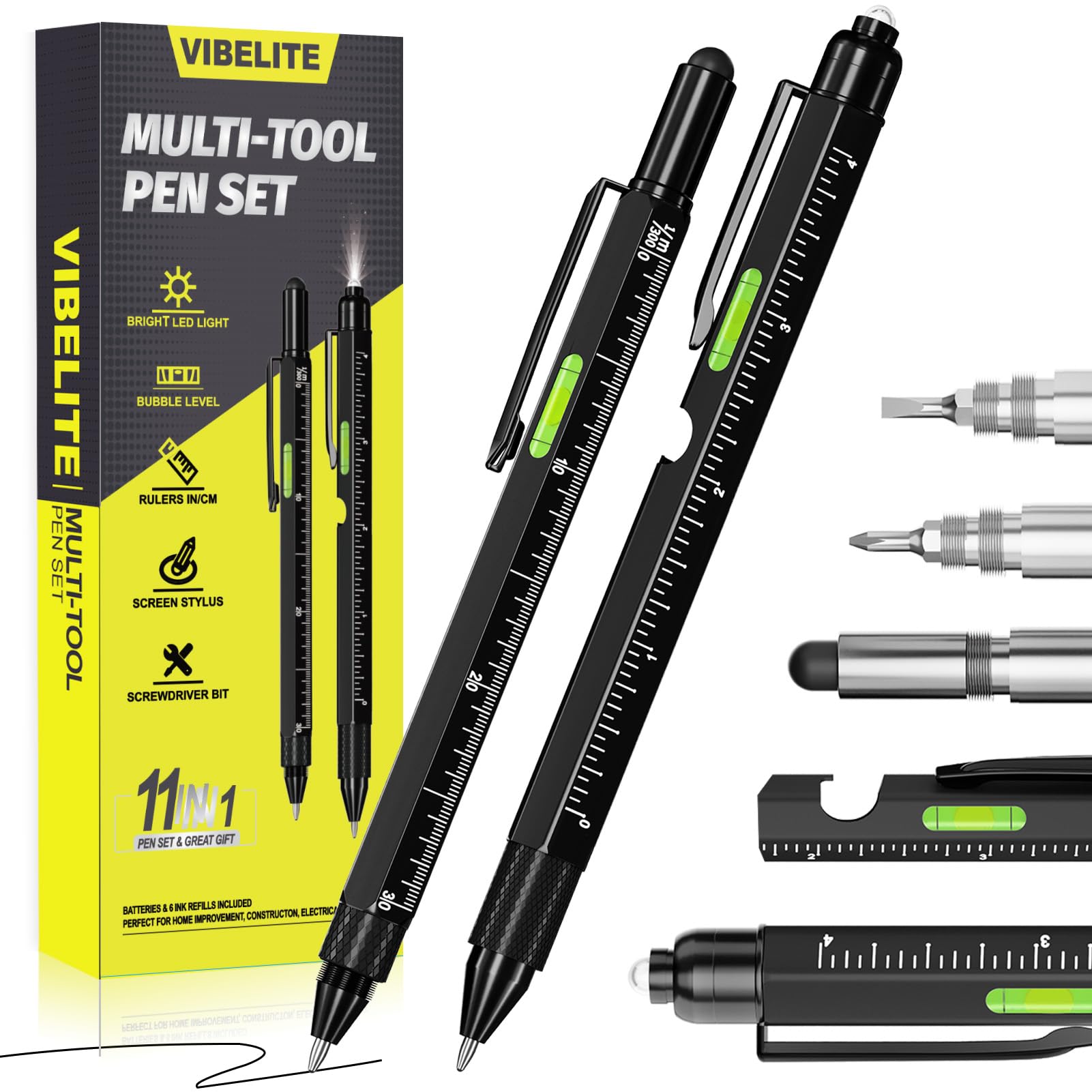 Photo 1 of VIBELITE 11 in 1 Multitool Pen Set with LED, Stylus, Level, Screwdriver, Flathead, Gadgets for Men Gifts for Dad, Birthday Gifts for Men, Him, Husband, Father, Black