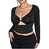 SweatyRocks Women's Plus Size Long Sleeve Cut Out Deep V Neck T Shirts Slim Fit Going Out Crop Tops