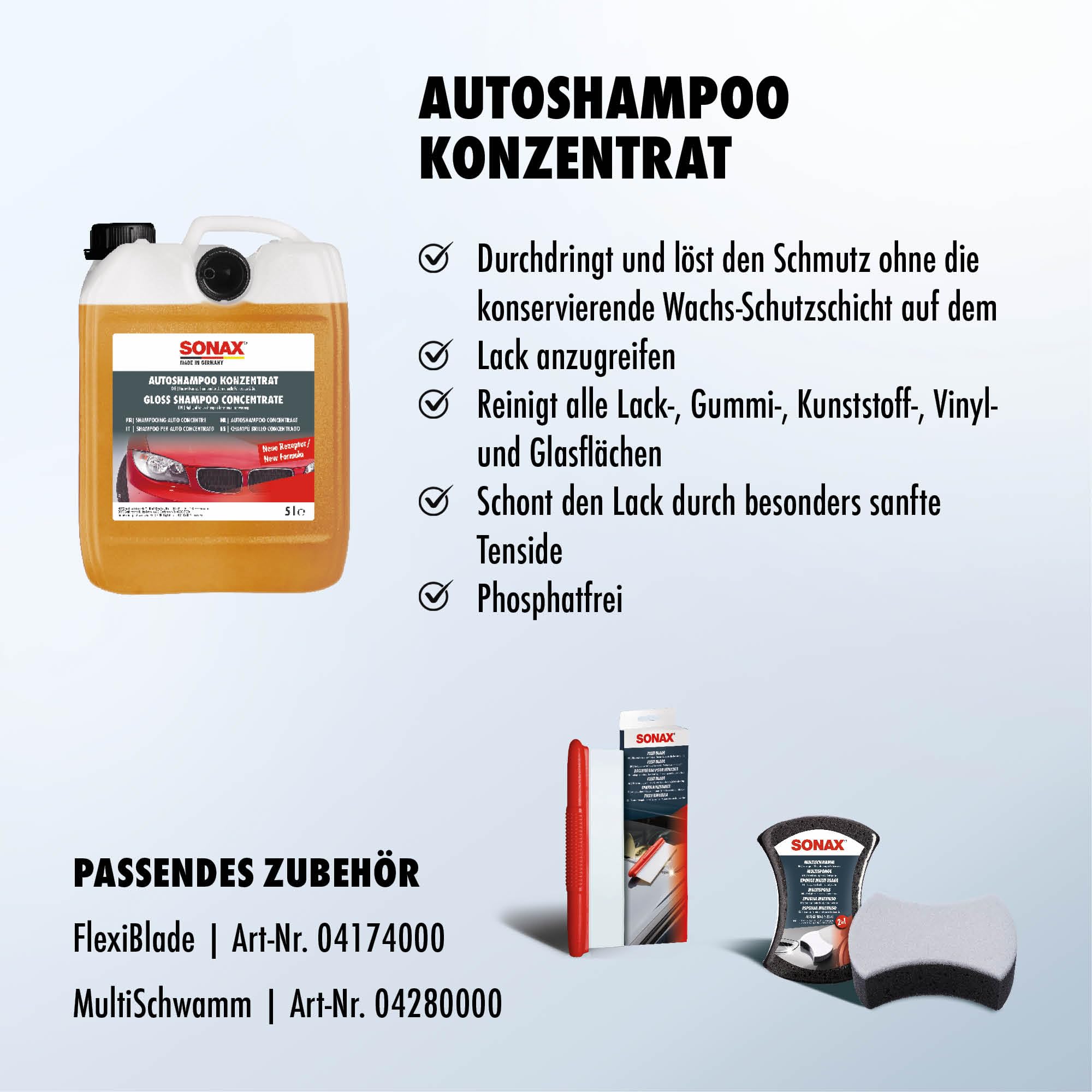 SONAX AutoShampoo Konzentrat (5 Liter) löst den Schmutz ohne die Wachs-Schutzschicht auf dem Lack anzugreifen | Art-Nr. 03145000 3