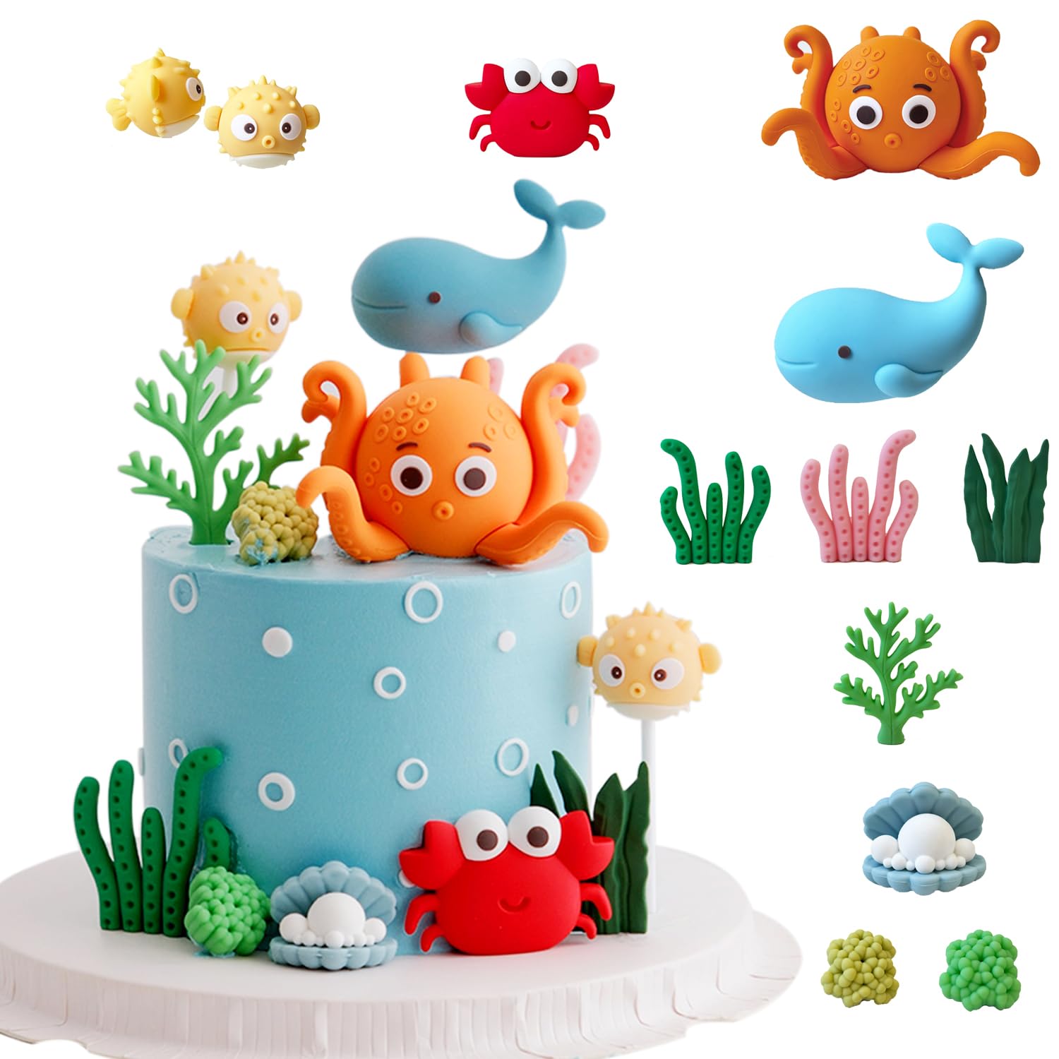 Photo 1 of 10PCS Ocean Underwater World Cake Decorations,Ocean Animals Cute Octopus,Whale & Crab Figurines for Birthday Cake Toppers (orange)