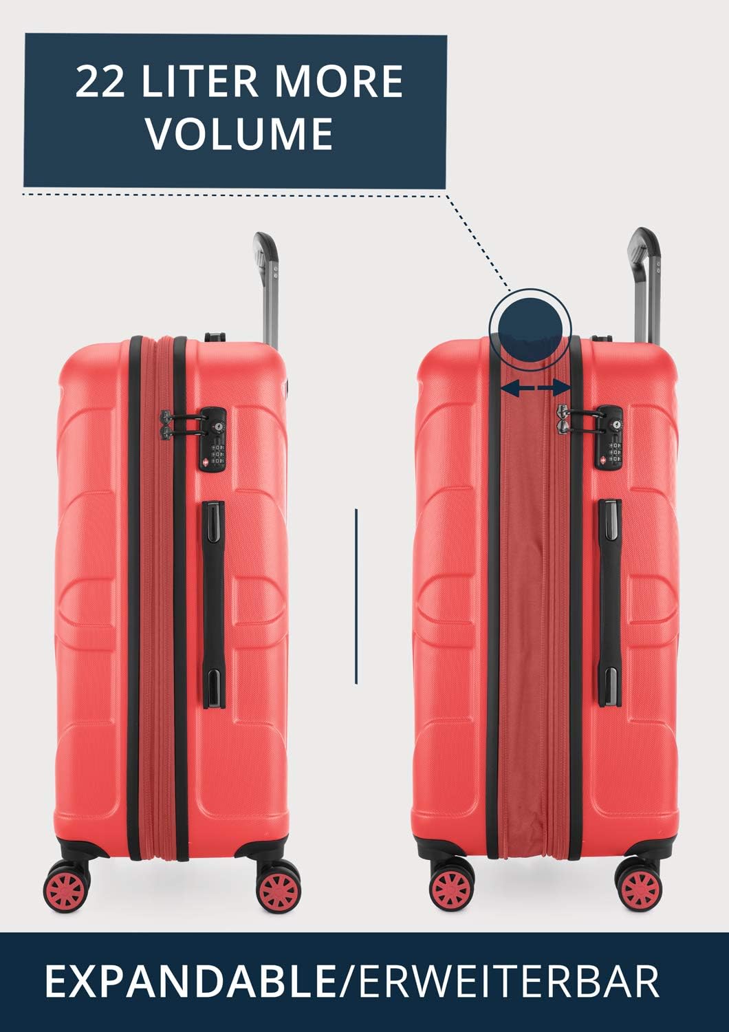 Suitline - Hardshell Suitcase Trolley Travel Luggage Hardcase with Extension, TSA, 66 cm, 58-68 litres, 100% ABS mat, Coral - Image 4