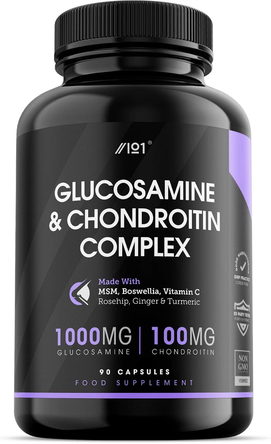 Glucosamine & Chondroitin Complex, 90 Capsules, with MSM, Boswellia, Rosehip, Ginger & Turmeric, Made from Pasture Raised