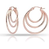 Hoops & Loops 925 Sterling Silver Triple Hoop Earrings for Women, Layered Stacked Trendy Round-Tube High Polished Hoops, Two-Tone 14K Gold, Rose Gold Flash Plated 20mm, 25mm, 30mm, 35mm
