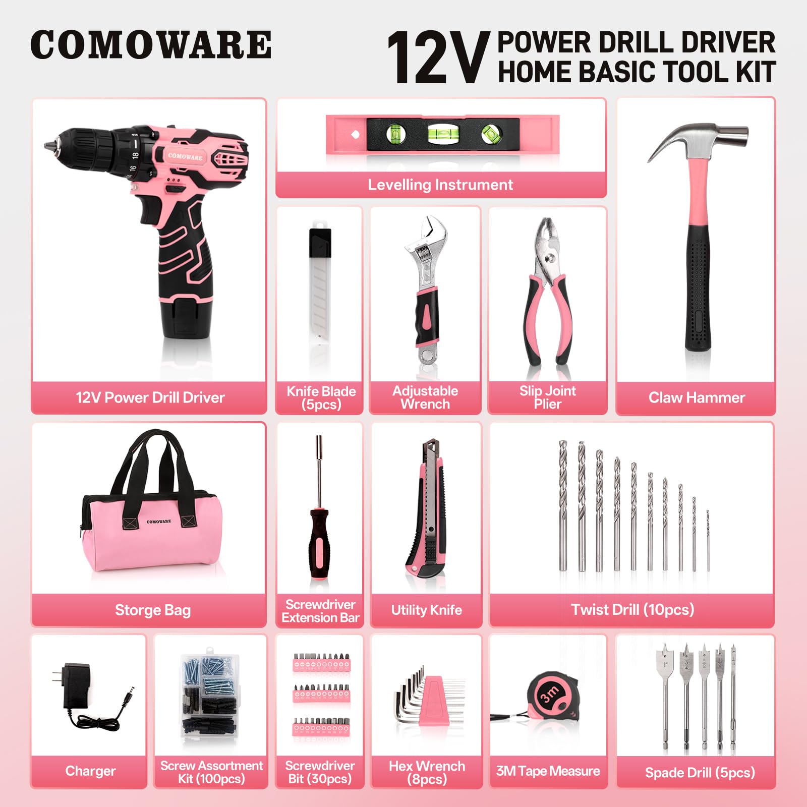 COMOWARE 12V Pink Cordless Drill Home Tool Kit, Pink Drill Set for Women, Lady's Home Repairing Tool Kit Hand Tool Set for DIY Large-Capacity Tool Storage Bag Included