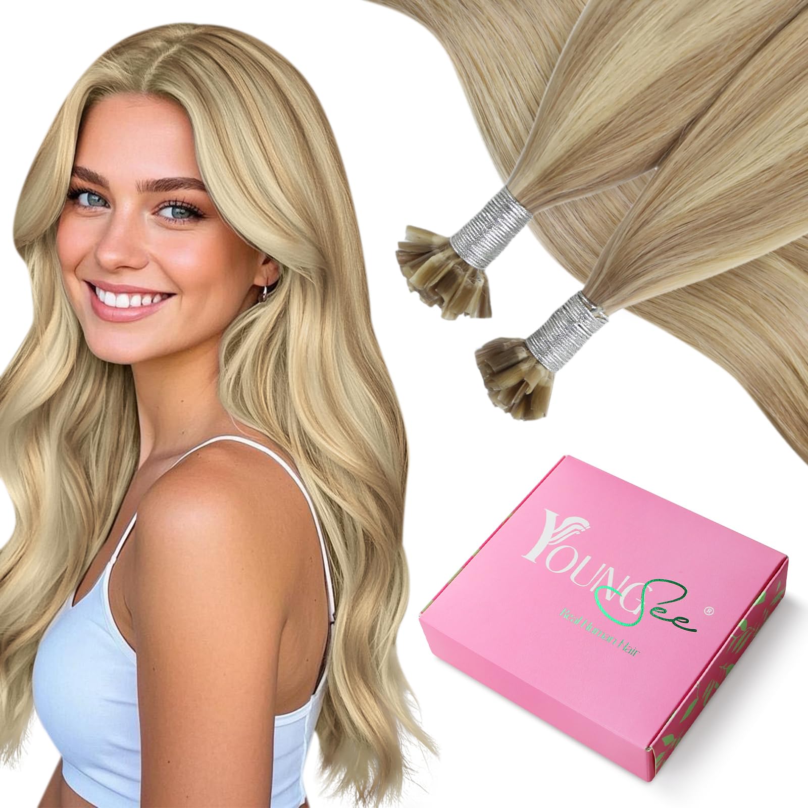 YoungSee U Tip Hair Extensions Highlight Golden Blonde and Medium Blonde U Tip Hair Extensions Real Human Hair 16In 1G/S 50G Hot Fusion — image 1