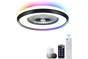 Humhold 24" Low Profile Ceiling Fans with Lights - Smart Bladeless Ceiling Fan with Alexa/Google Assistant/APP Control Dimmable Color Chaning LED-RGB Back Ambient Light, Flush Mount Ceiling Fans Black