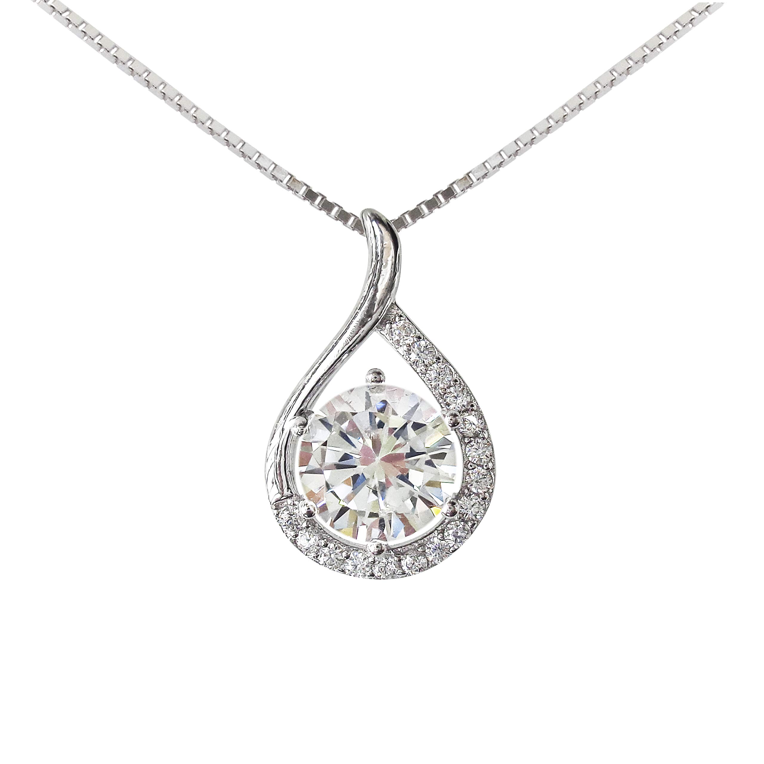 Hiqmic 925 Sterling Silver Fashion Droplet Rhinestone Pendant Necklace White Gold Plated Jewelry Gifts for Women 16"_WA99059-Silver